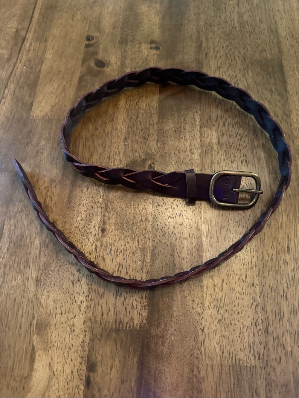 GAP Dark Brown Braided Leather Belt Antique Brass Buckle Medium 32 Adjustable